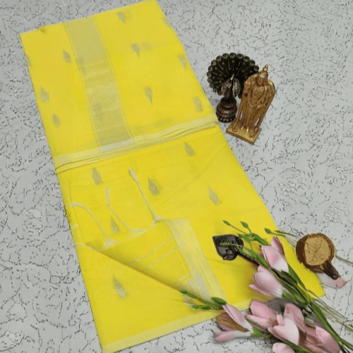 Exquisite Maheshwari Silk Cotton Saree- Lemon Yellow with Silver Zari