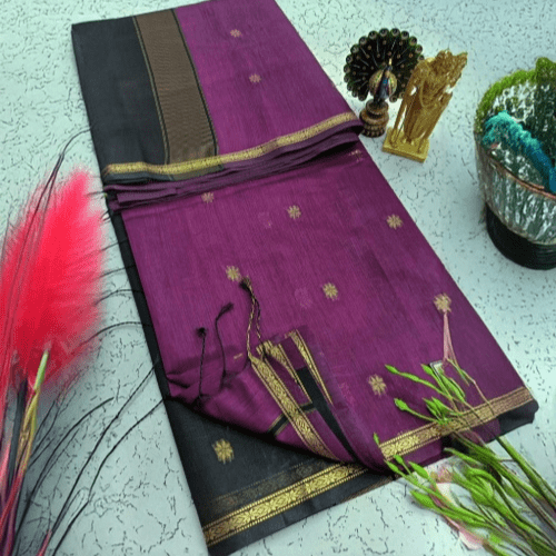 Exquisite Maheshwari Cotton Saree- Purple & Black