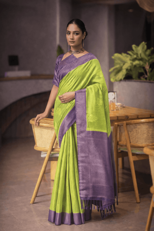 Siddharth Saree in Lime Green with Purple Zari Border