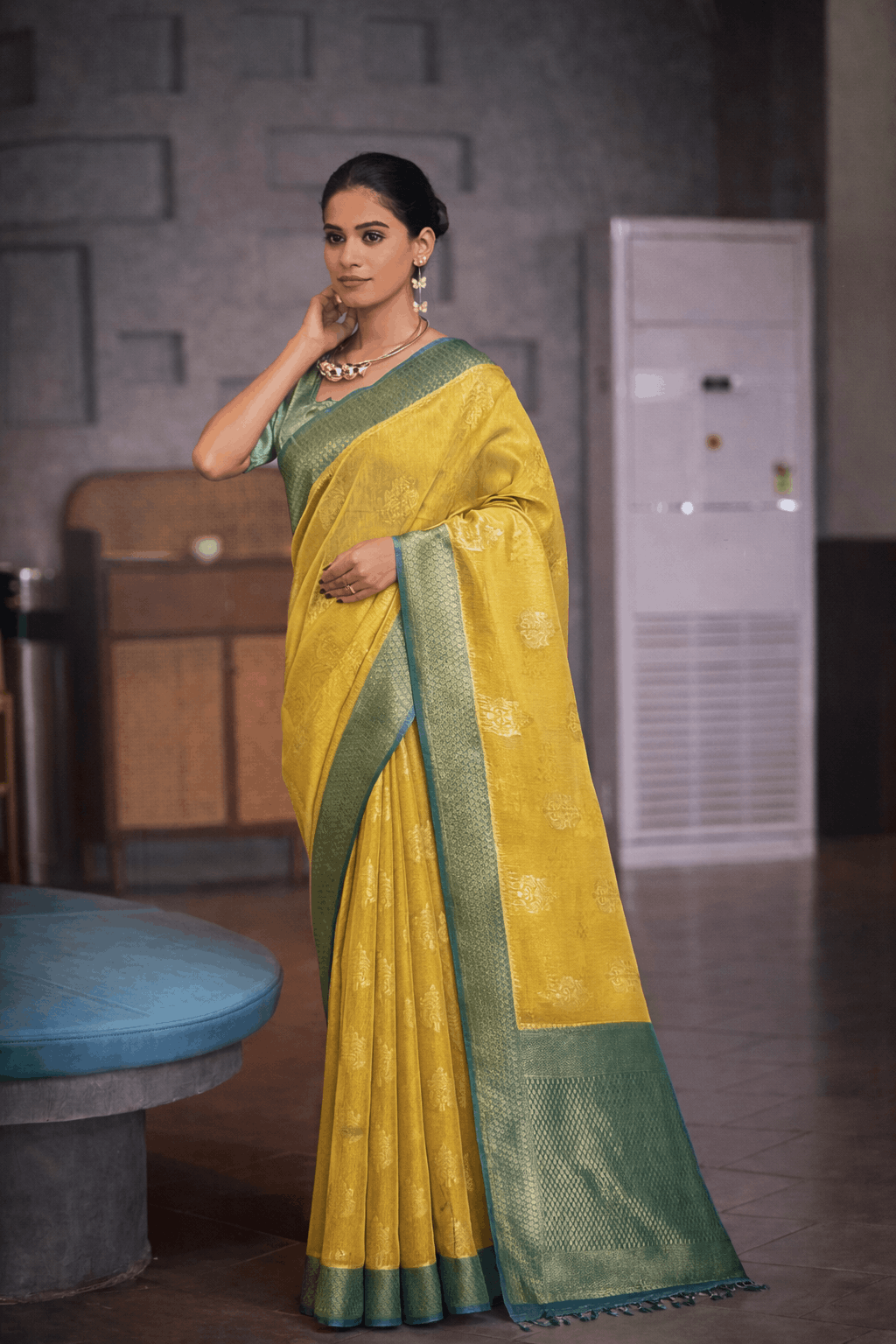 Siddharth Saree in Mustard Yellow with Bottle Green Zari Border