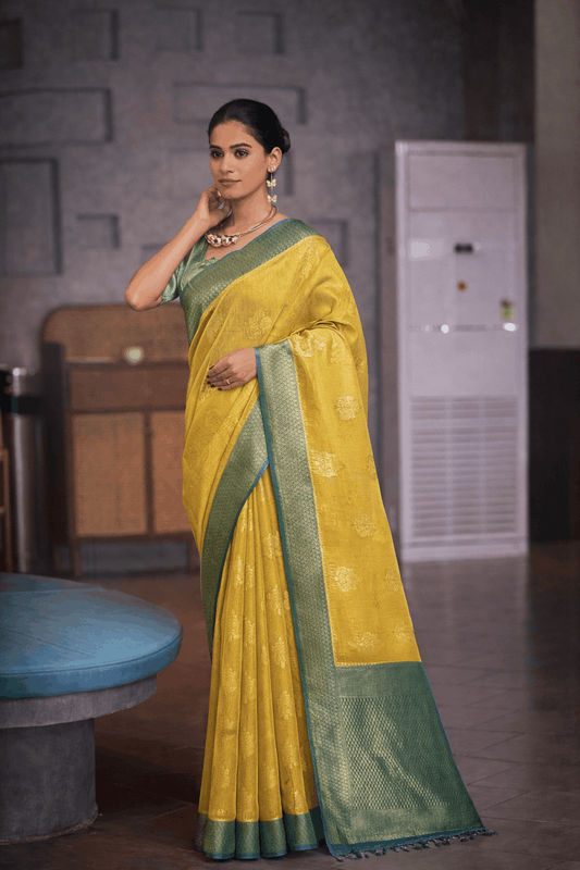 Siddharth Saree in Mustard Yellow with Bottle Green Zari Border