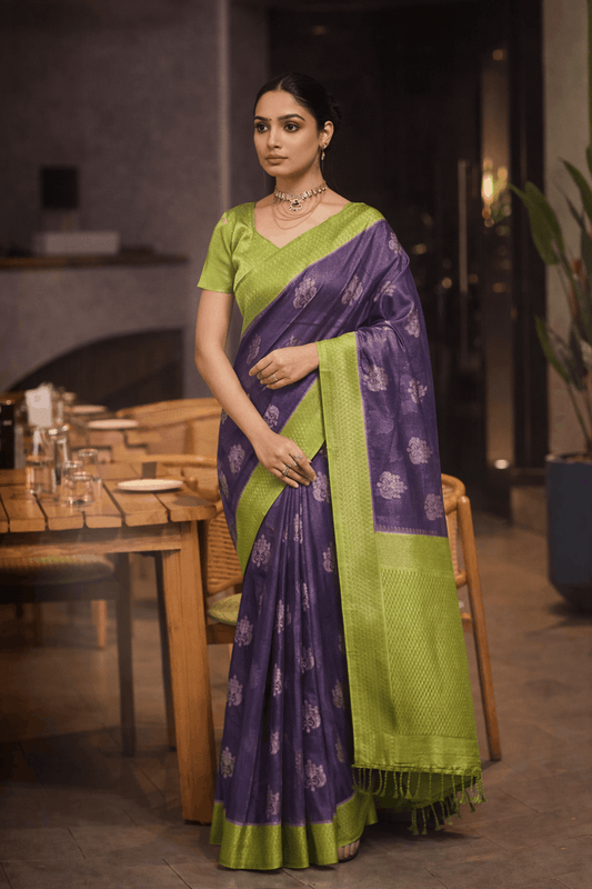 Siddharth Saree in Purple with Parrot Green Zari Border