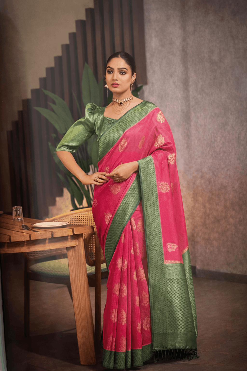 Siddharth Saree in Rani Pink with Bottle Green Zari Border