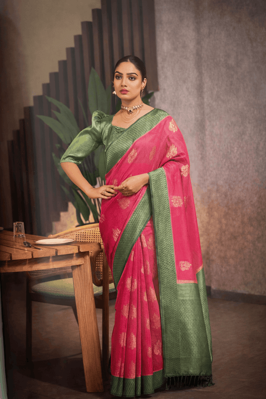 Siddharth Saree in Rani Pink with Bottle Green Zari Border