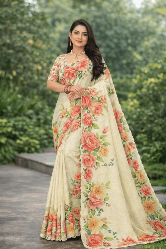 Tesla Print Linen Blend Saree in Ivory with Peach Floral Design