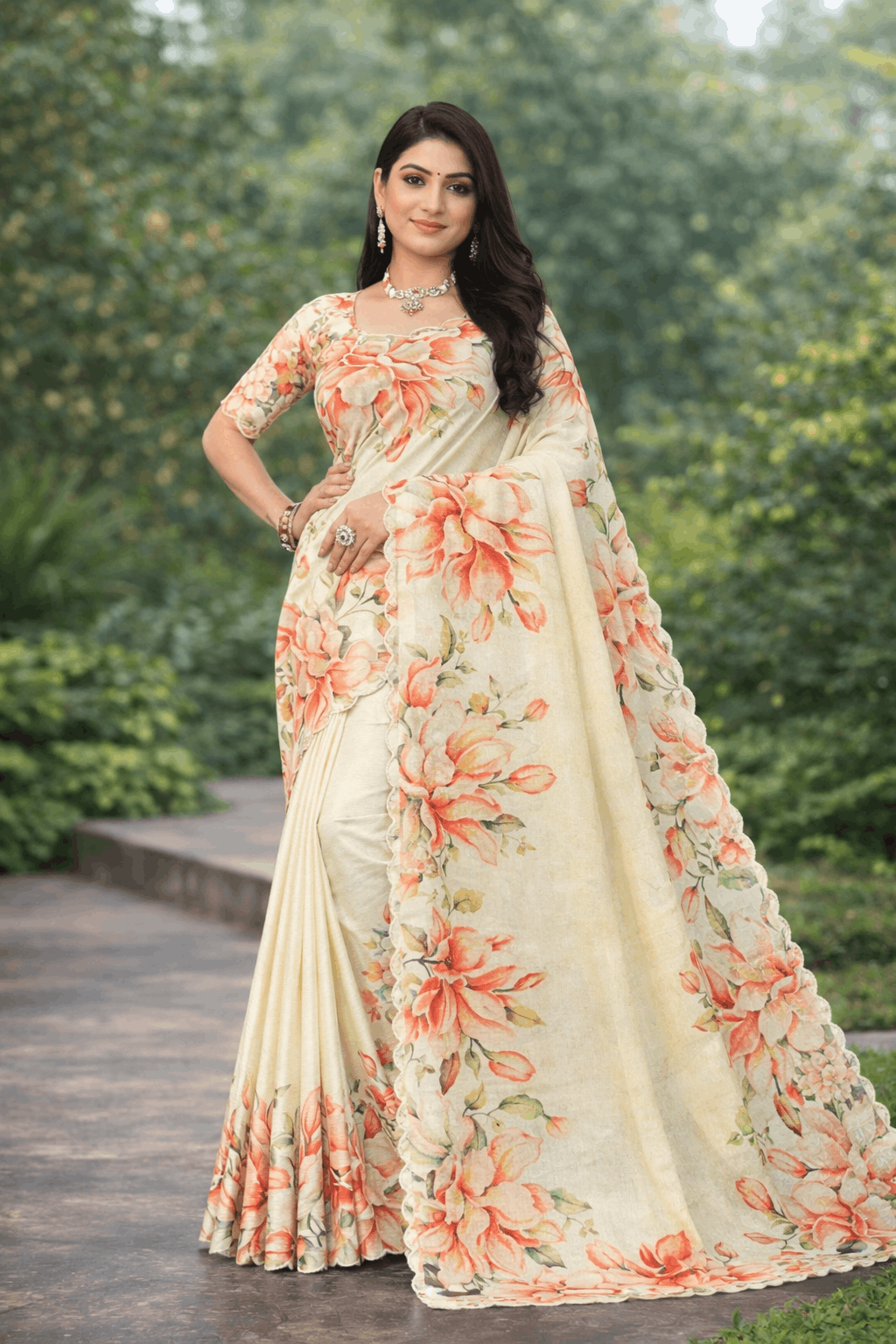 Tesla Print Linen Blend Saree in Cream with Coral Blossom Motifs