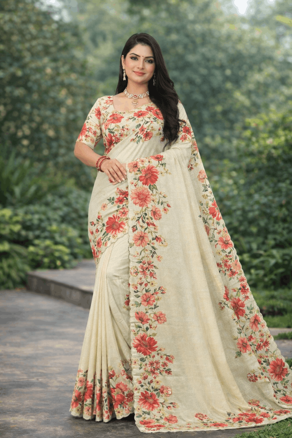 Tesla Print Linen Blend Saree in Beige with Red Floral Trail