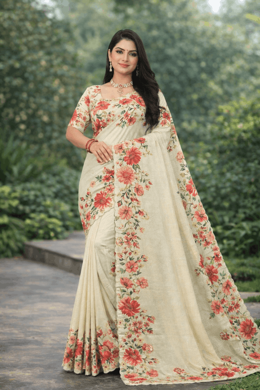 Tesla Print Linen Blend Saree in Beige with Red Floral Trail