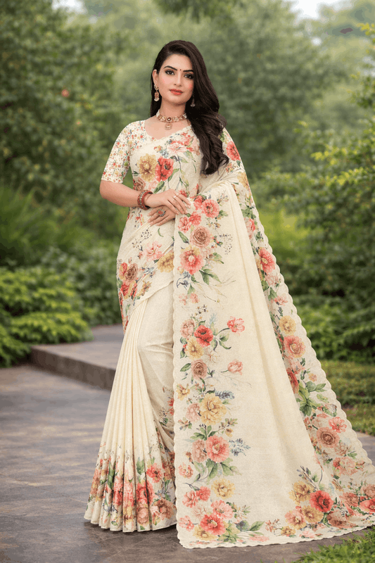 Tesla Print Linen Blend Saree in Ivory with Pastel Floral Prints