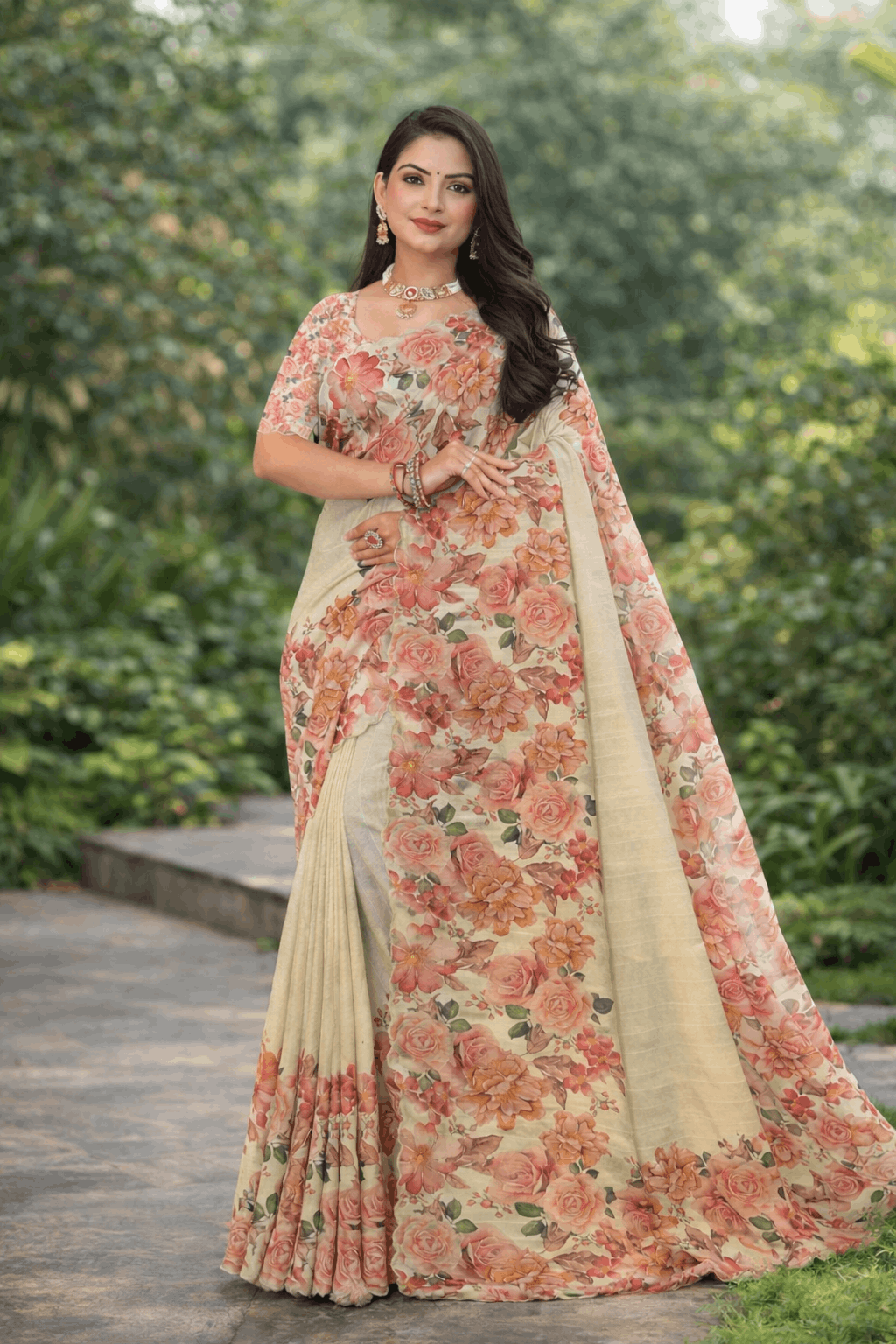 Tesla Print Linen Blend Saree in Ivory with Vintage Rose Florals