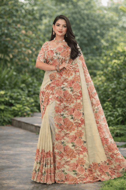 Tesla Print Linen Blend Saree in Ivory with Vintage Rose Florals