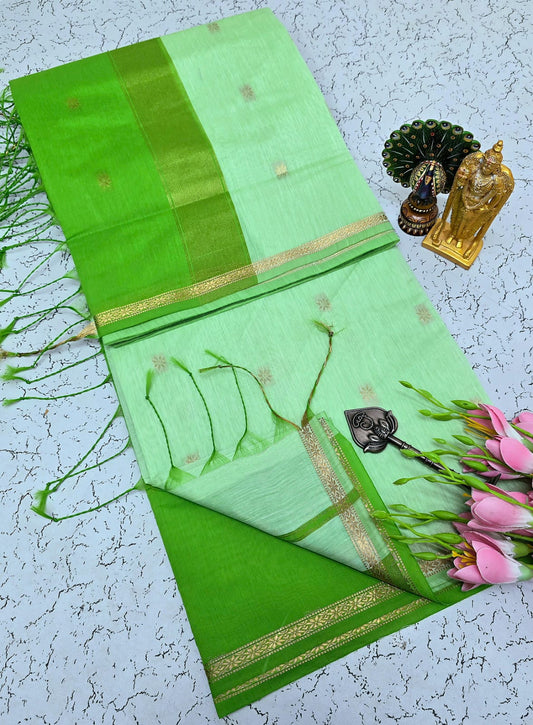 Exquisite Maheshwari Silk Cotton Saree- Apple Green and Light Mint