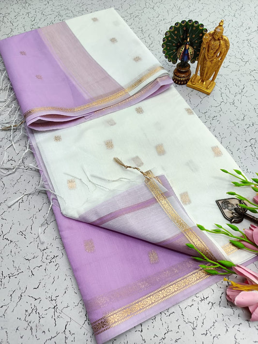 Exquisite Maheshwari Silk Cotton Saree- White & Lavender