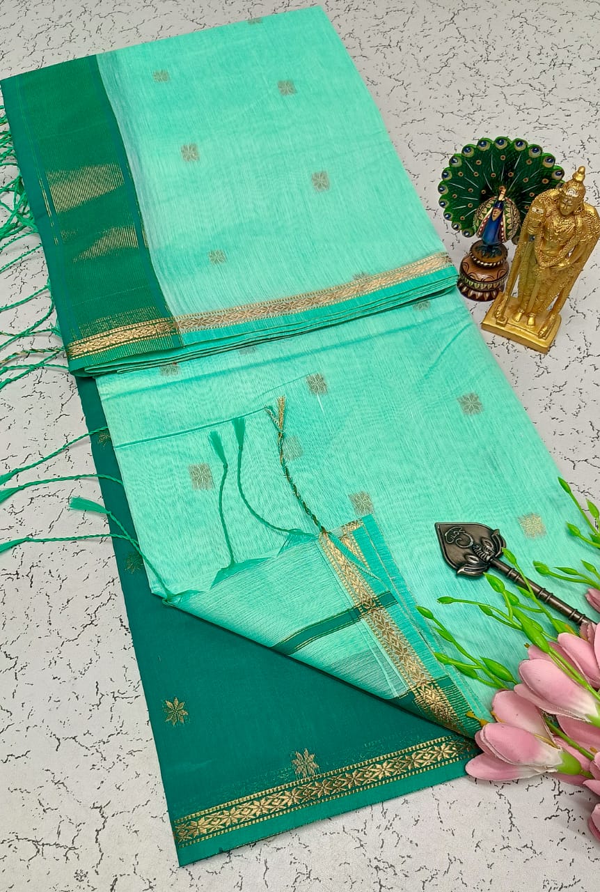 Exquisite Maheshwari Silk Cotton Saree- Sea Green and Bottle Green