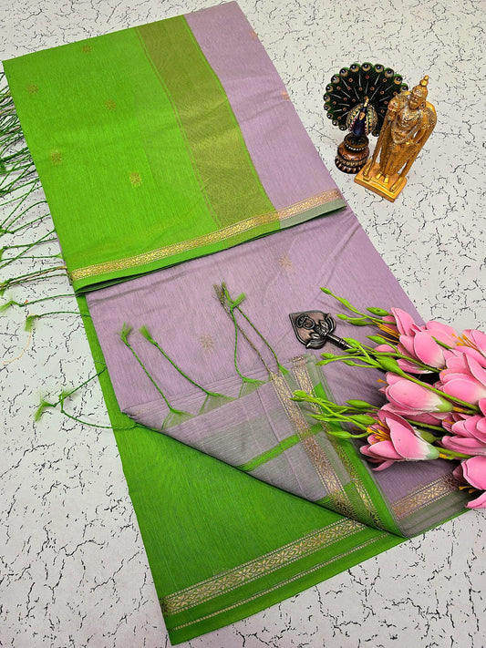 Exquisite Maheshwari Silk Cotton Saree- Bright Green & Lavender