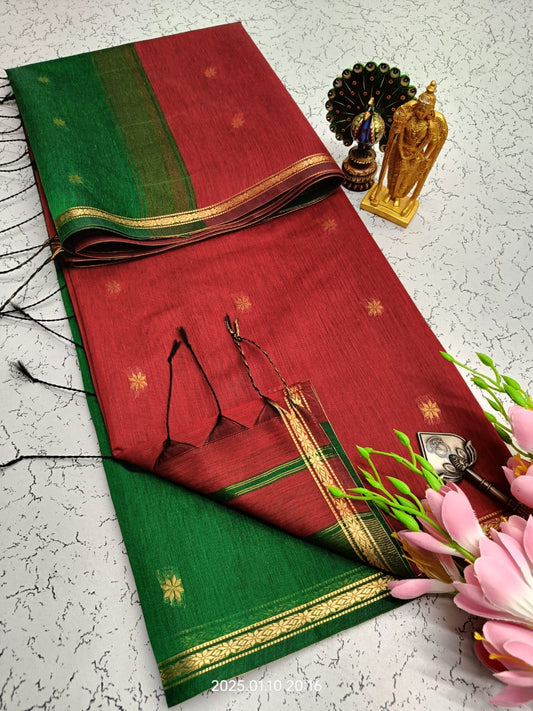 Exquisite Maheshwari Silk Cotton Saree- Brick Red and Dark Green