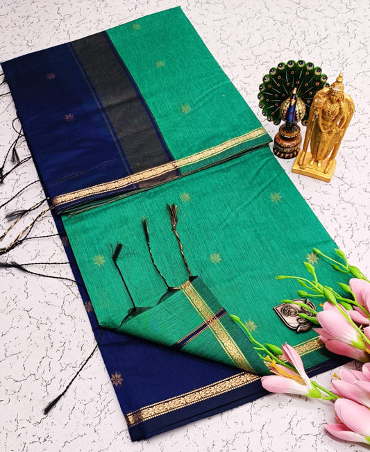 Exquisite Maheshwari Silk Saree - Emerald Green & Navy Blue - View 1