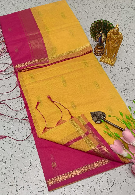 Exquisite Maheshwari Silk Saree - Yellow & Magenta - View 1