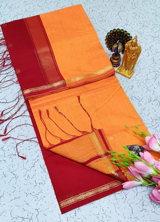 Exquisite Maheshwari Silk Saree - Vibrant Orange & Deep Red - View 1