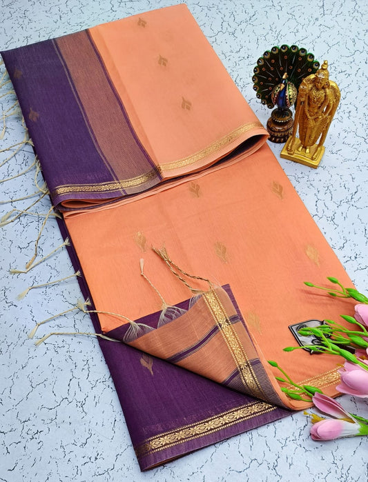 Exquisite Maheshwari Silk Saree - Peach & Deep Purple - View 1