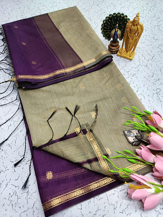 Exquisite Maheshwari Silk Saree - Sand Beige & Deep Purple - View 1
