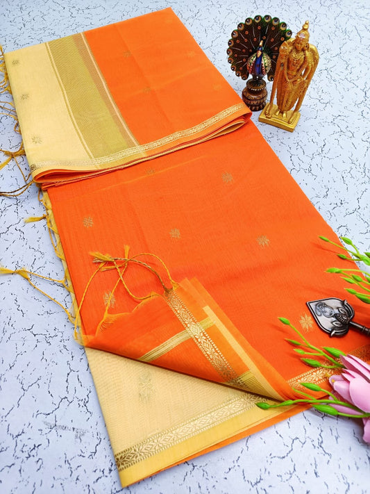 Exquisite Maheshwari Silk Saree - Orange & Cream - View 1
