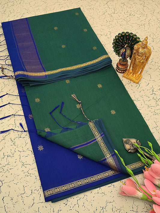 Exquisite Maheshwari Silk Saree - Emerald Green & Royal Blue - View 1