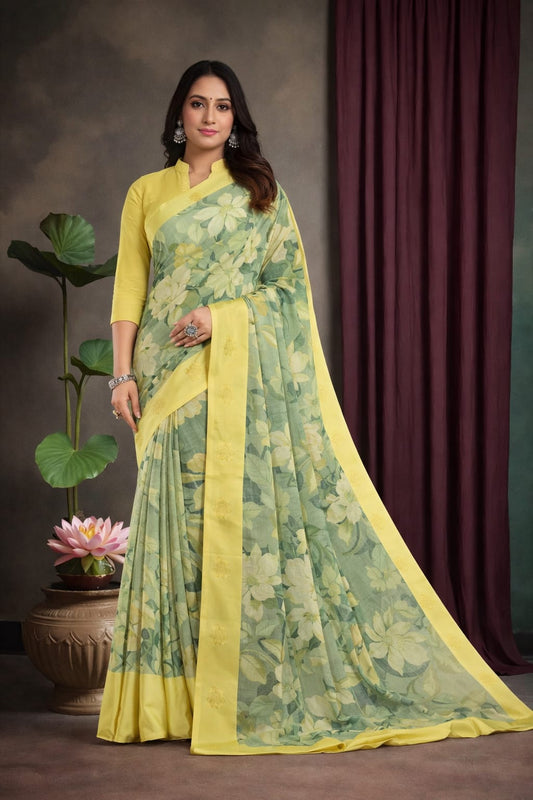 Pista Green Floral Printed Georgette Saree with Yellow Border
