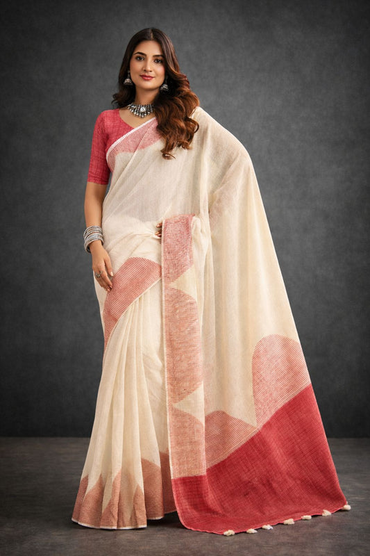 Ivory Linen Saree with Brick Red Woven Border