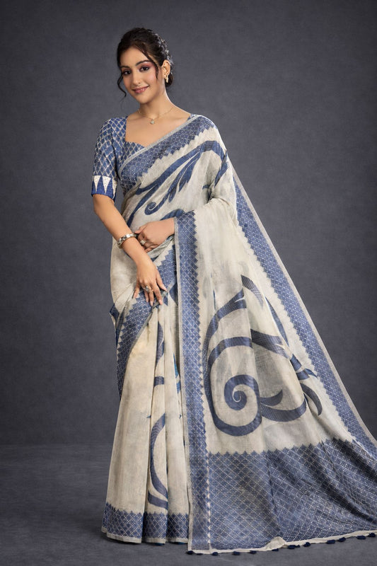 Ivory & Indigo Printed Cotton Linen Saree