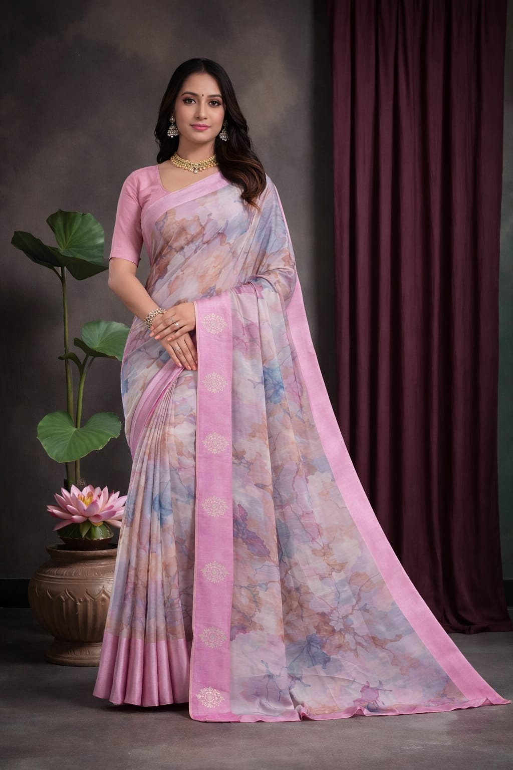 Pastel Pink Floral Georgette Saree
