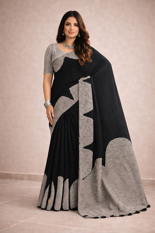 Black & Grey Abstract Printed Georgette Saree