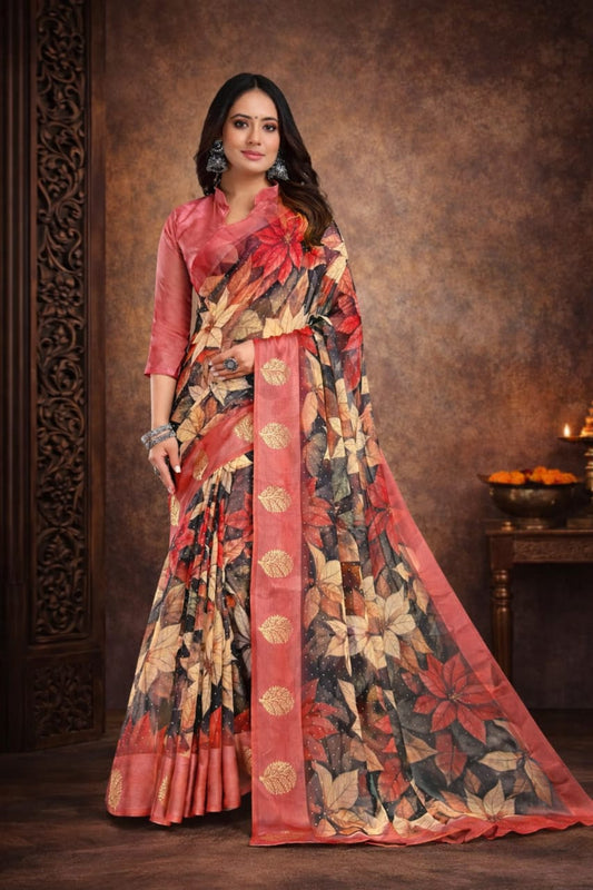Rust Floral Printed Georgette Saree with Zari Border