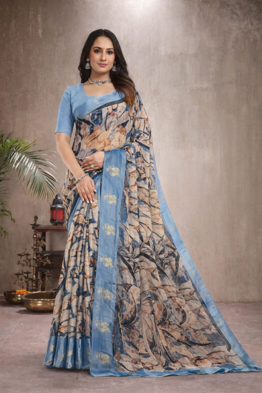 Steel Blue Printed Georgette Saree with Contrast Border