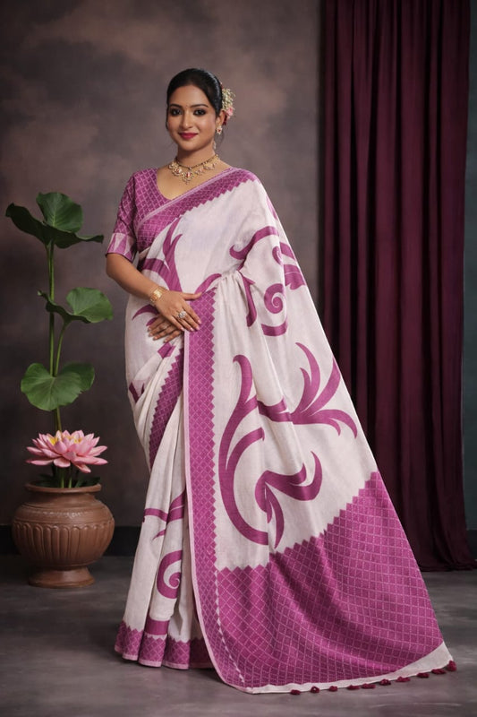 White & Pink Printed Cotton Saree with Contrast Border