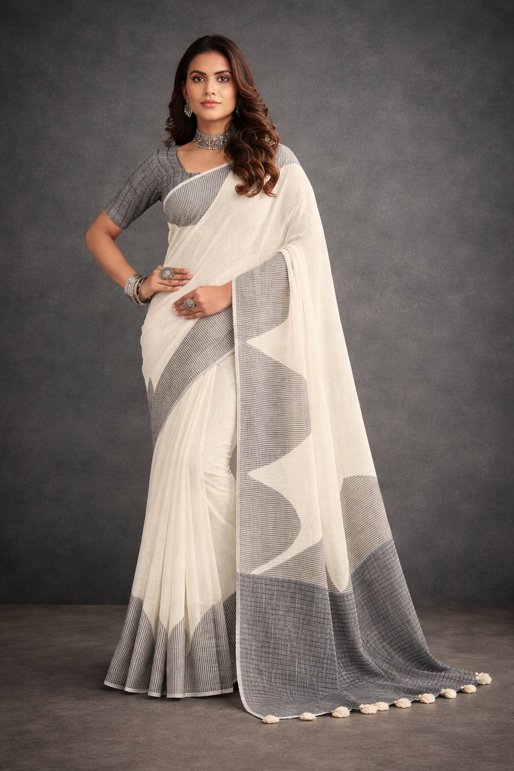 Ivory & Grey Linen Saree with Contemporary Border